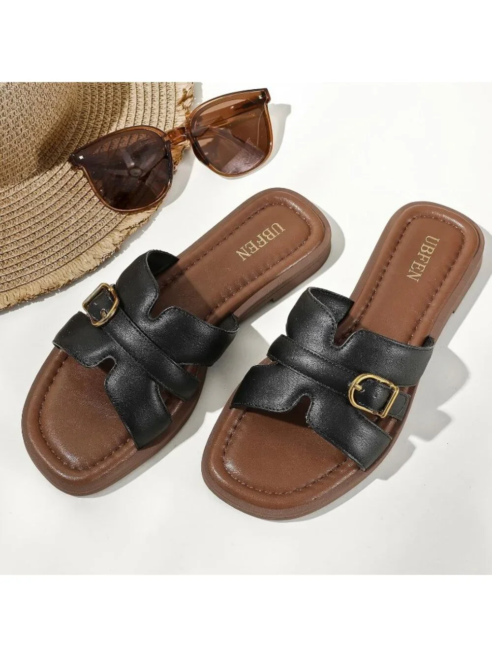 Women's Black Brown Square Toe Flat Sandals Slides Dressy Comfortable for Casual